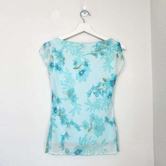 Vintage Y2K Wrapper Blue Floral Sheer Mesh Cap Sleeve Fairycore Blouse XS/S - Picture 5 of 8